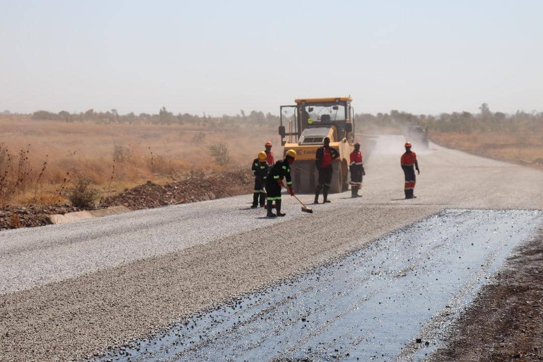 Roller compaction on road construction site